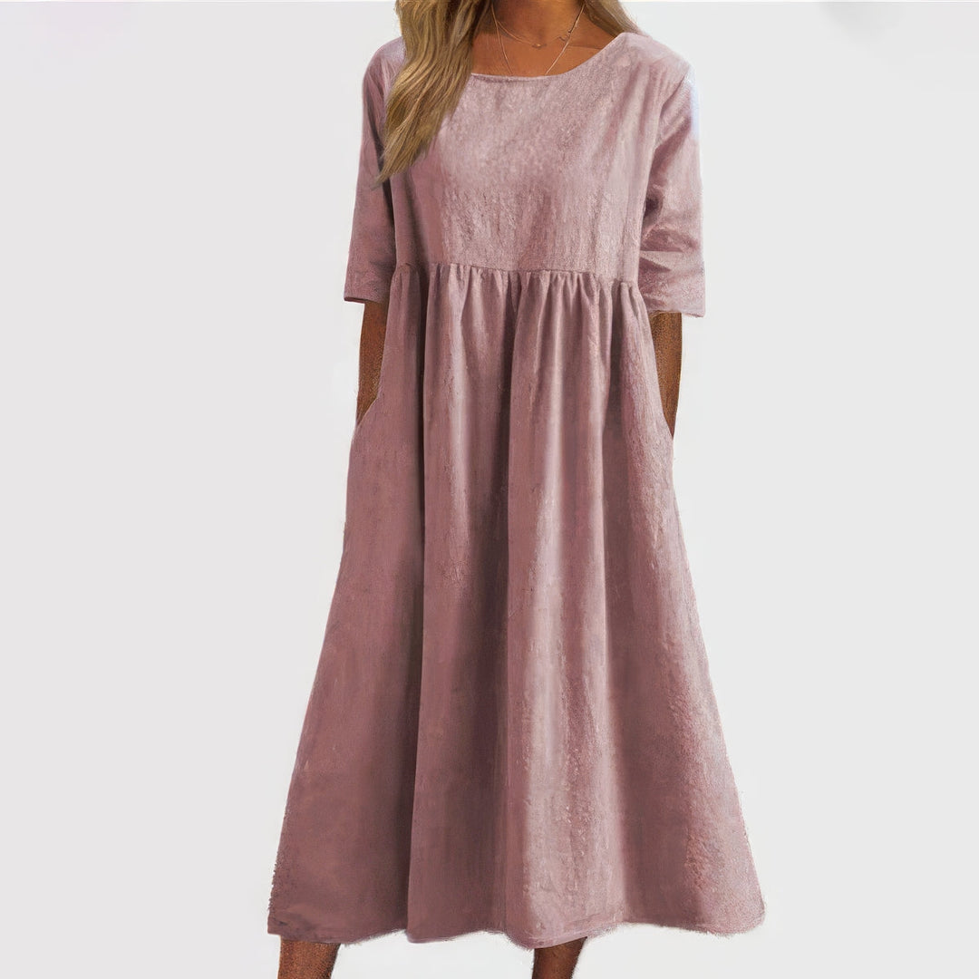 Maikee™ - Cotton Round Neck Dress with Pockets