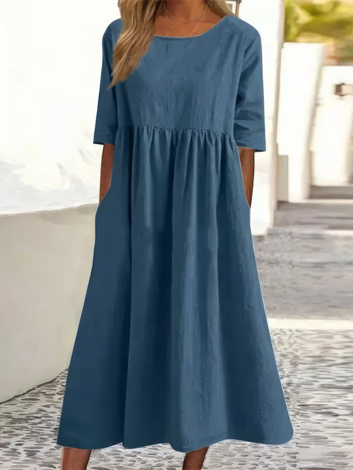 Maikee™ - Cotton Round Neck Dress with Pockets