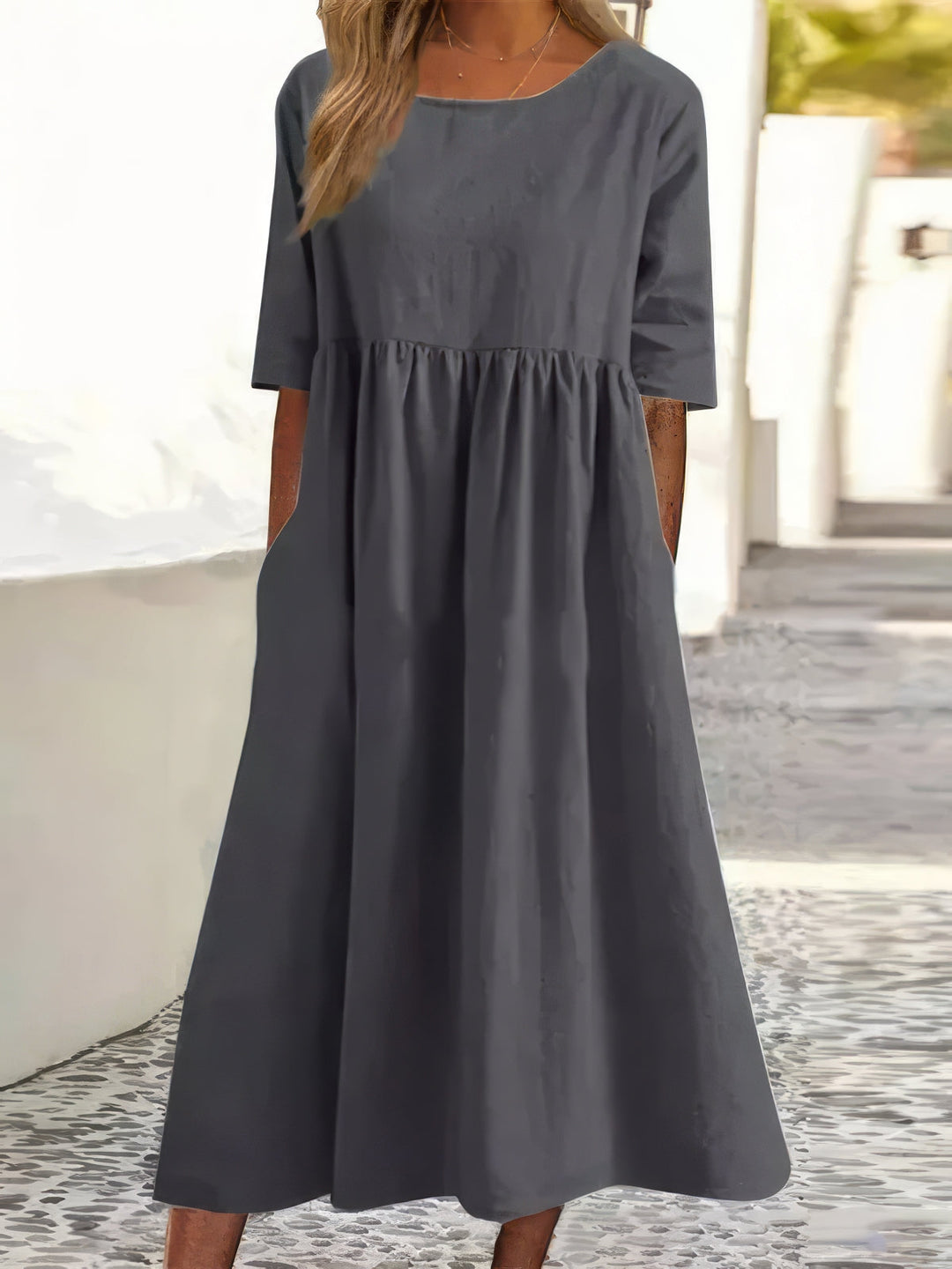 Maikee™ - Cotton Round Neck Dress with Pockets