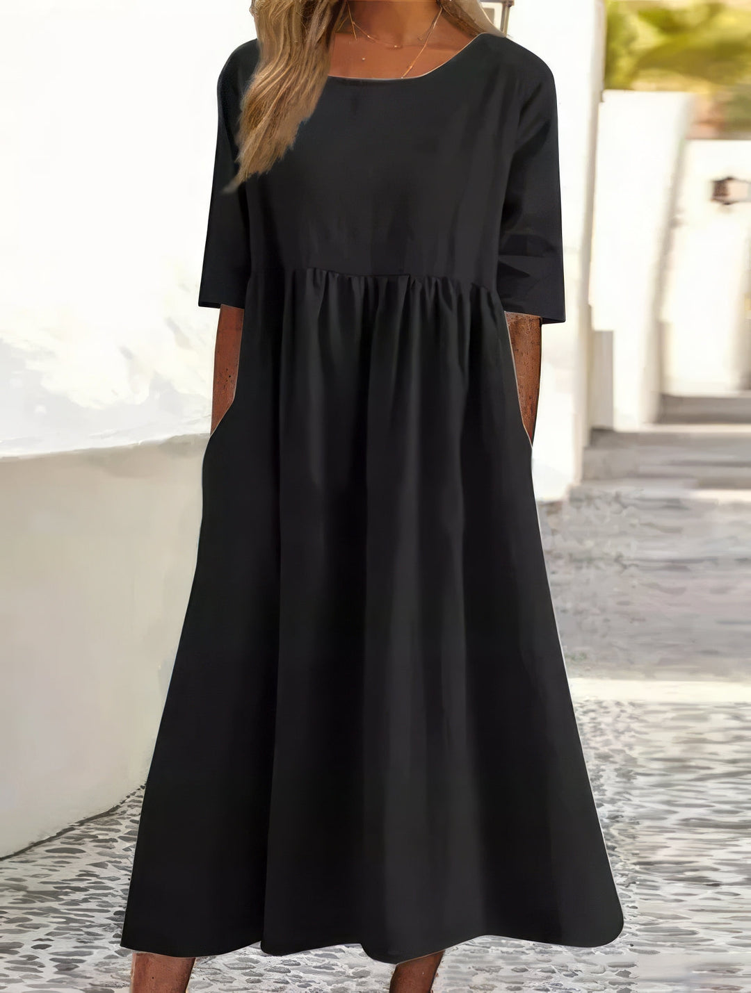 Maikee™ - Cotton Round Neck Dress with Pockets