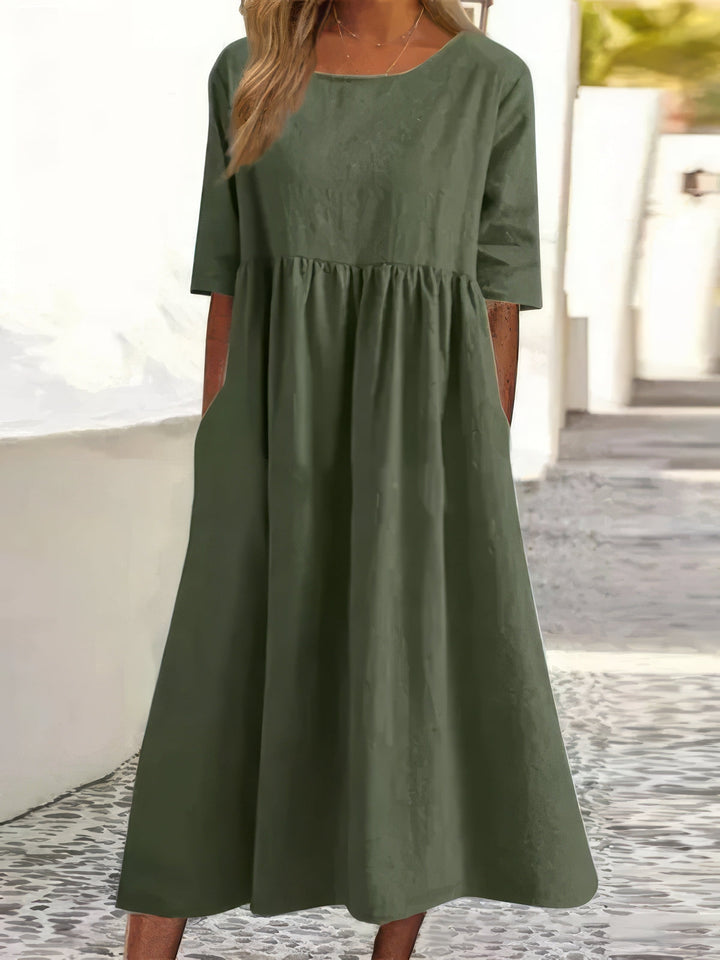 Maikee™ - Cotton Round Neck Dress with Pockets