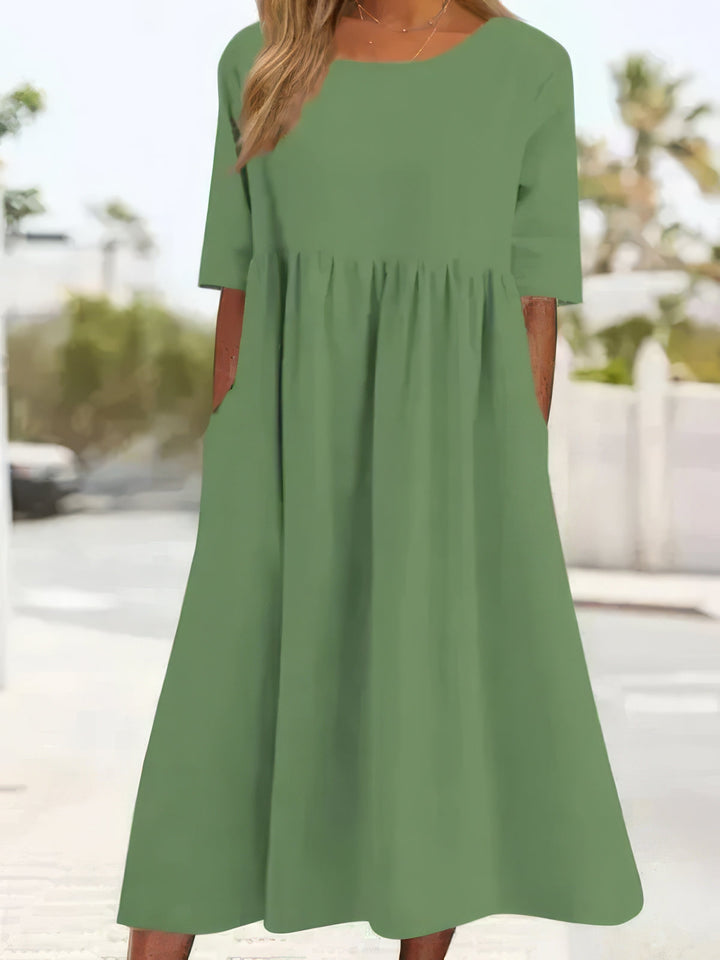 Maikee™ - Cotton Round Neck Dress with Pockets