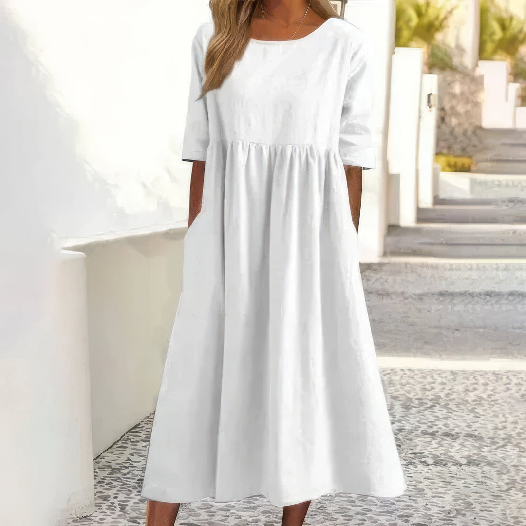 Maikee™ - Cotton Round Neck Dress with Pockets