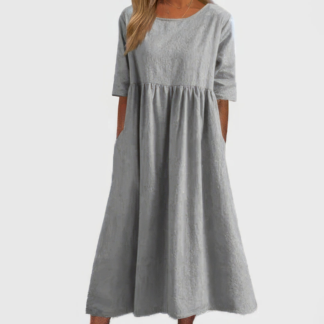 Maikee™ - Cotton Round Neck Dress with Pockets